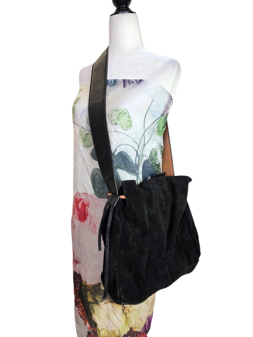 Zara Black Suede Crossbody Bag with Wide Leather Strap